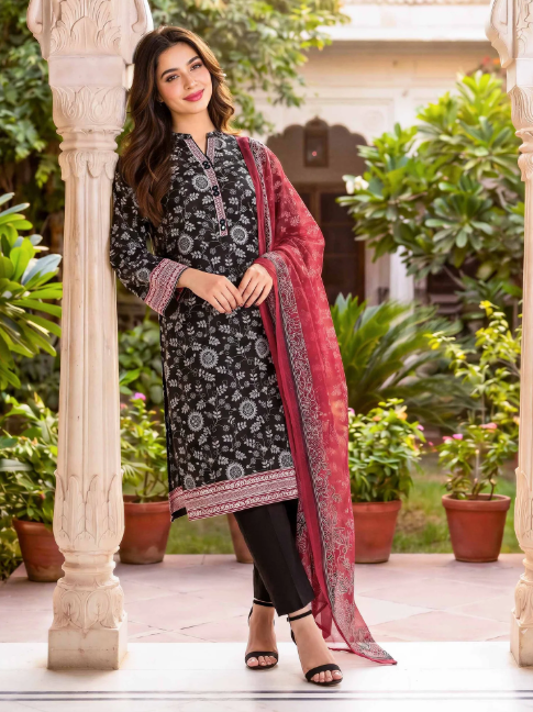 2-Piece Printed lawn suit with Chiffon Dopatta