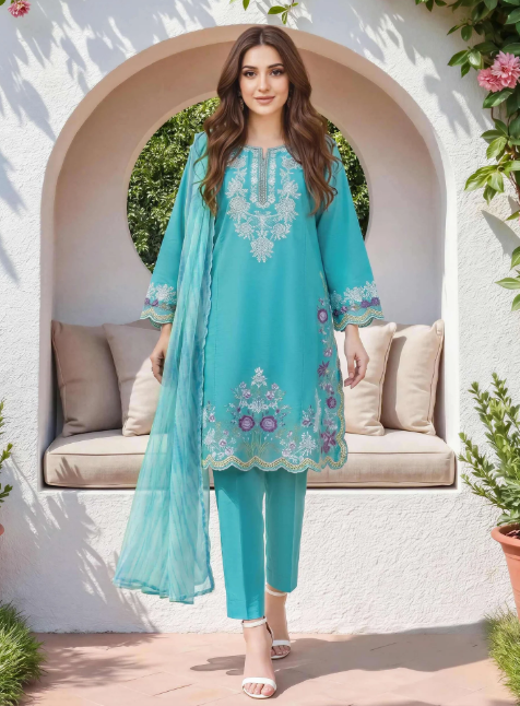 3 Piece Lawn Paste Suit- Embroidered