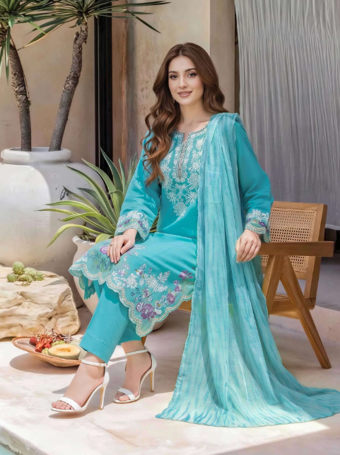 3 Piece Lawn Paste Suit- Embroidered