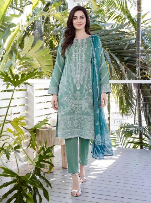3 Piece Lawn Paste Suit- Embroidered