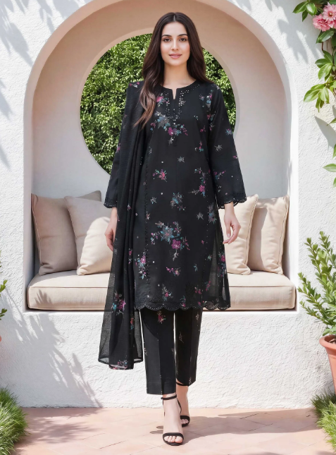 3 Piece Lawn Slub Suit- Embroidered