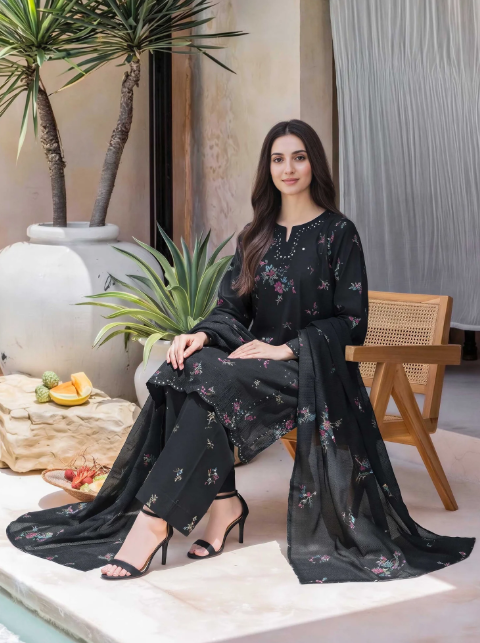 3 Piece Lawn Slub Suit- Embroidered
