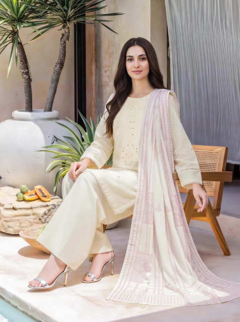 3 Piece Lawn Slub Suit- Embroidered