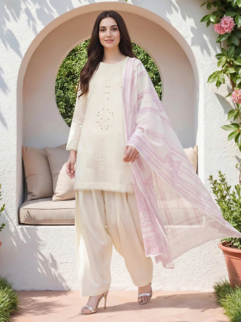 3 Piece Lawn Slub Suit- Embroidered