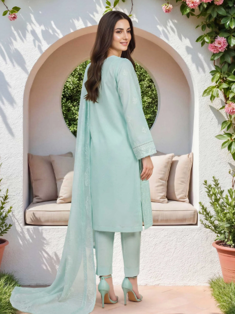 3 Piece Lawn Paste Suit- Embroidered