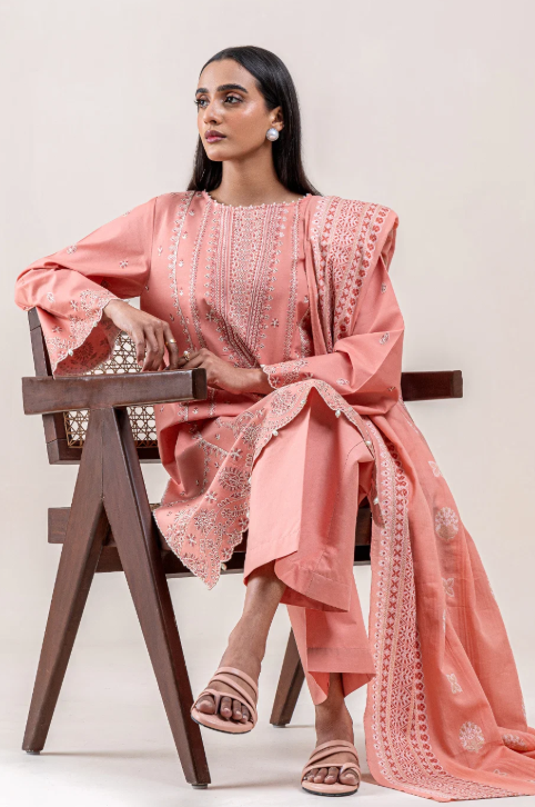 3 PIECE EMBROIDERED LAWN SUIT-CORAL BLISS