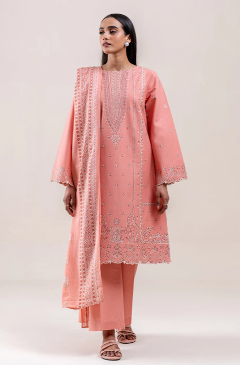 3 PIECE EMBROIDERED LAWN SUIT-CORAL BLISS