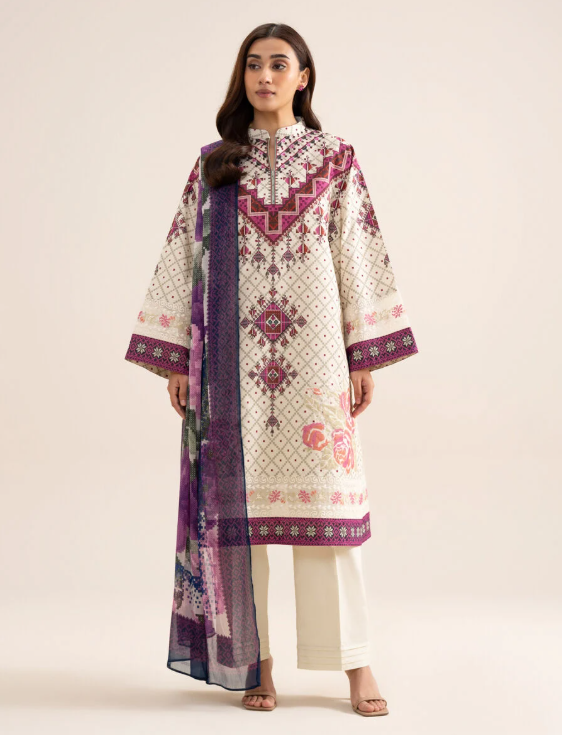 3 Piece - Embroidered Zari Cotton Suit