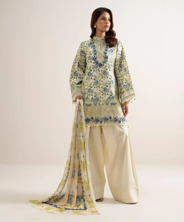 3 Piece - Embroidered Zari Cotton Suit