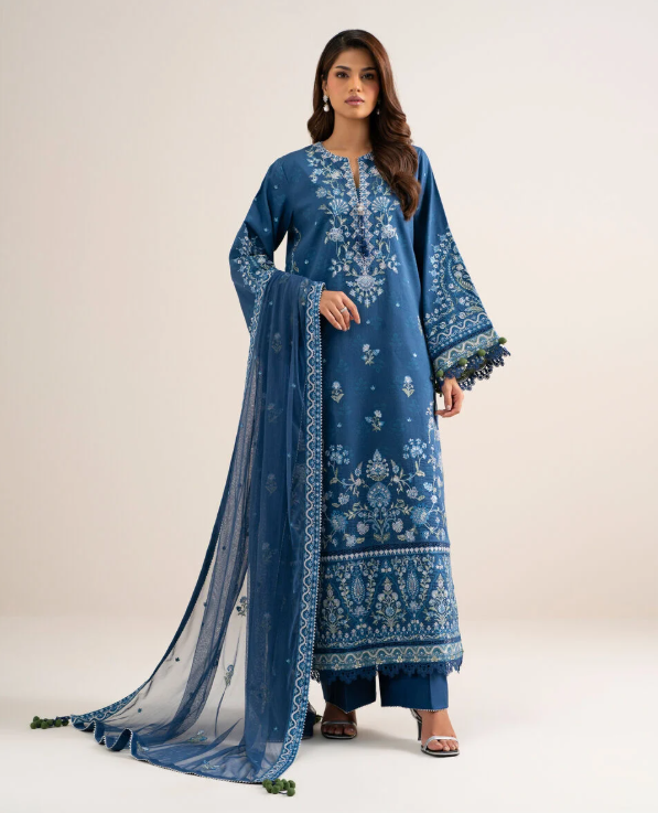 3 Piece - Embroidered Cotton Satin Suit