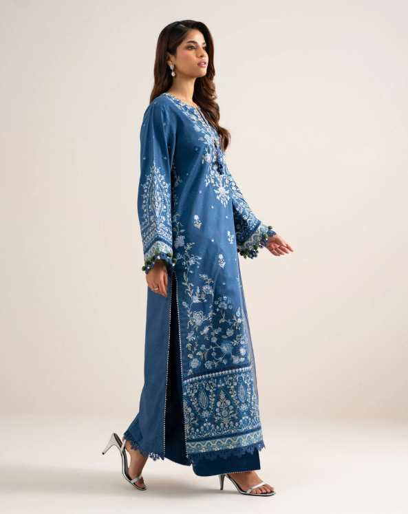3 Piece - Embroidered Cotton Satin Suit