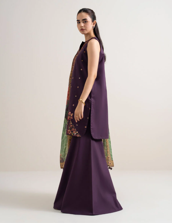 3 Piece - Embroidered Cotton Satin Suit