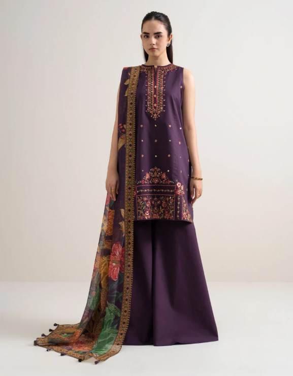 3 Piece - Embroidered Cotton Satin Suit