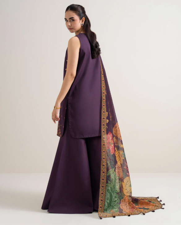 3 Piece - Embroidered Cotton Satin Suit