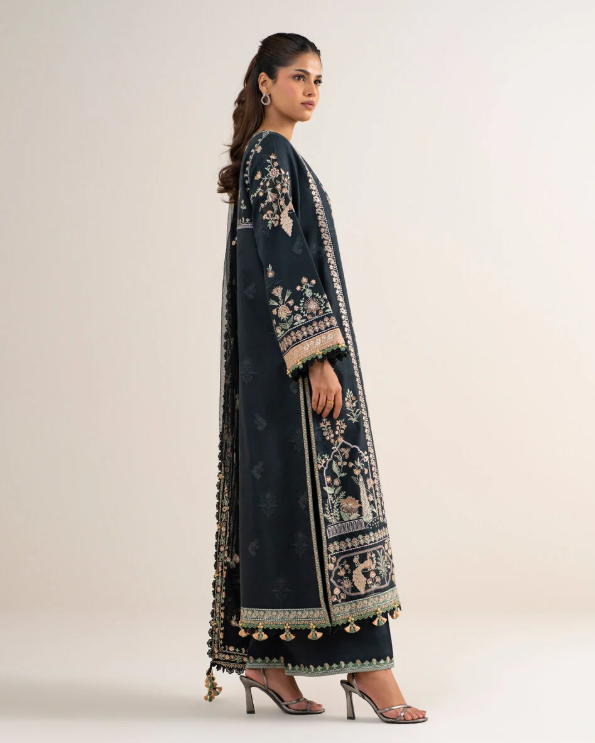 3 Piece - Embroidered Cotton Satin Suit