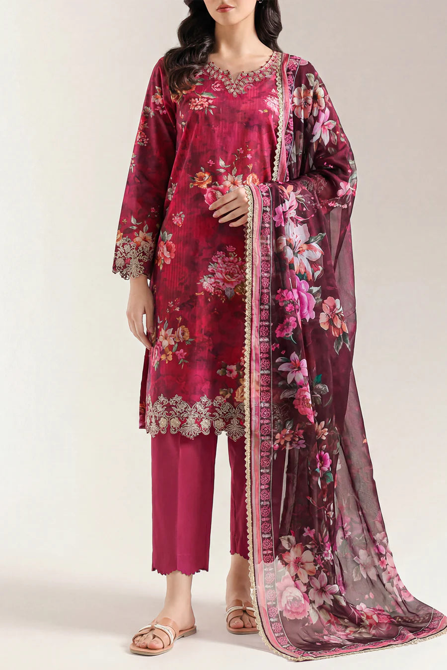 Unstitched Printed Embroidered Strip Lawn 3 Piece With Chiffon Dupatta