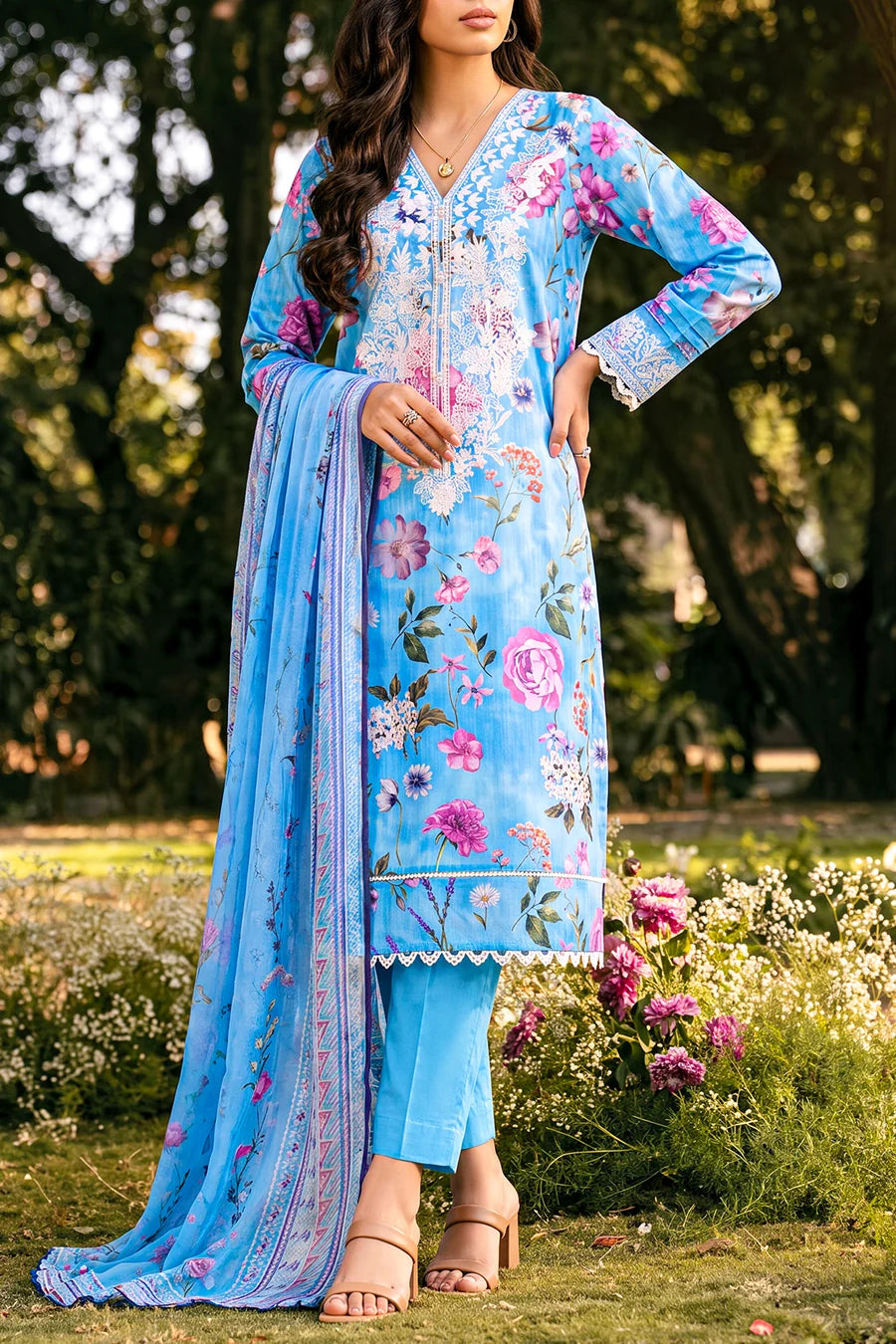 Unstitched Printed Embroidered Strip Lawn 3 Piece