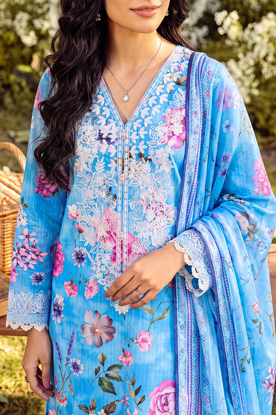 Unstitched Printed Embroidered Strip Lawn 3 Piece