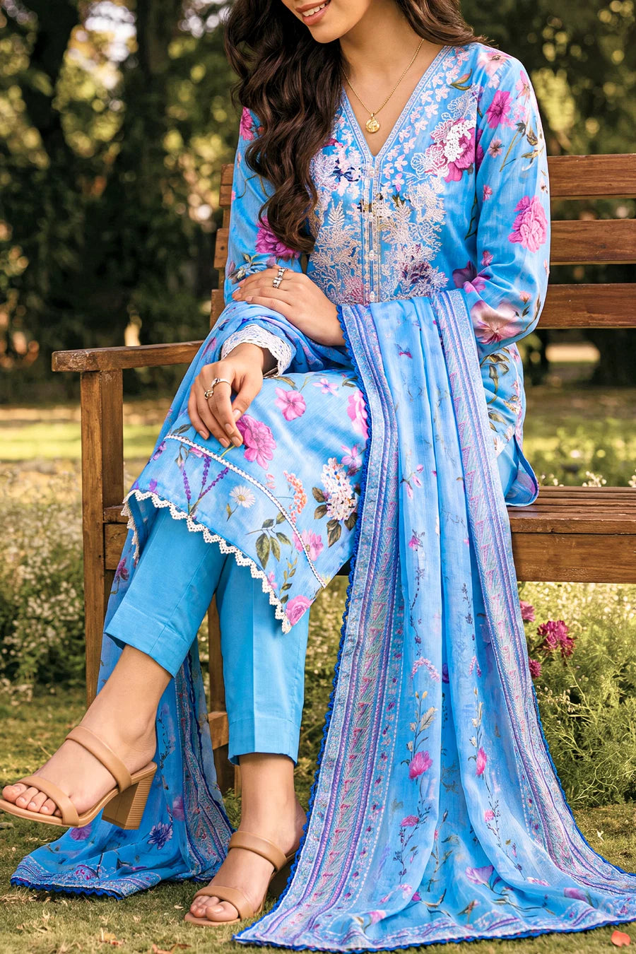Unstitched Printed Embroidered Strip Lawn 3 Piece