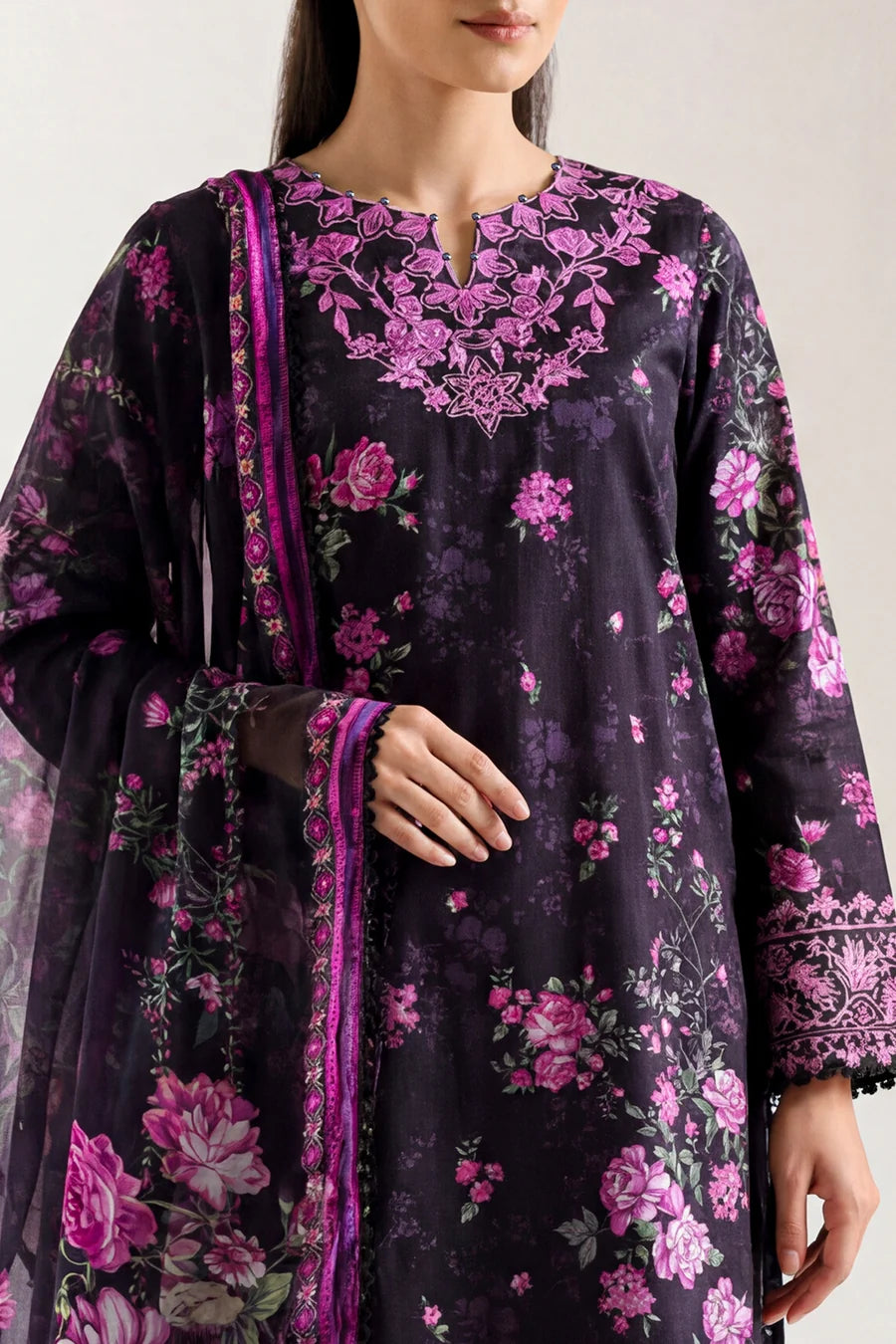 Unstitched Printed Embroidered Strip Lawn 3 Piece With Chiffon Dupatta