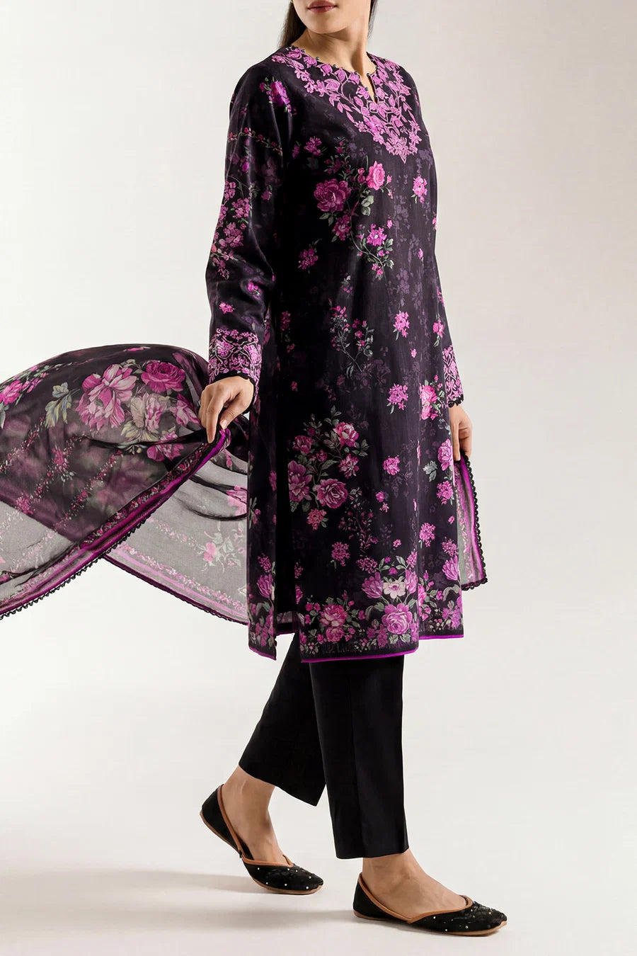 Unstitched Printed Embroidered Strip Lawn 3 Piece With Chiffon Dupatta