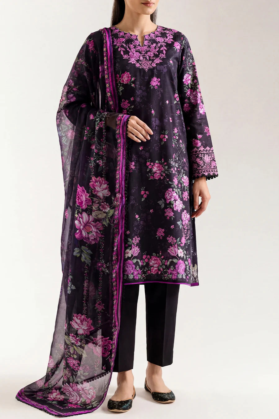 Unstitched Printed Embroidered Strip Lawn 3 Piece With Chiffon Dupatta