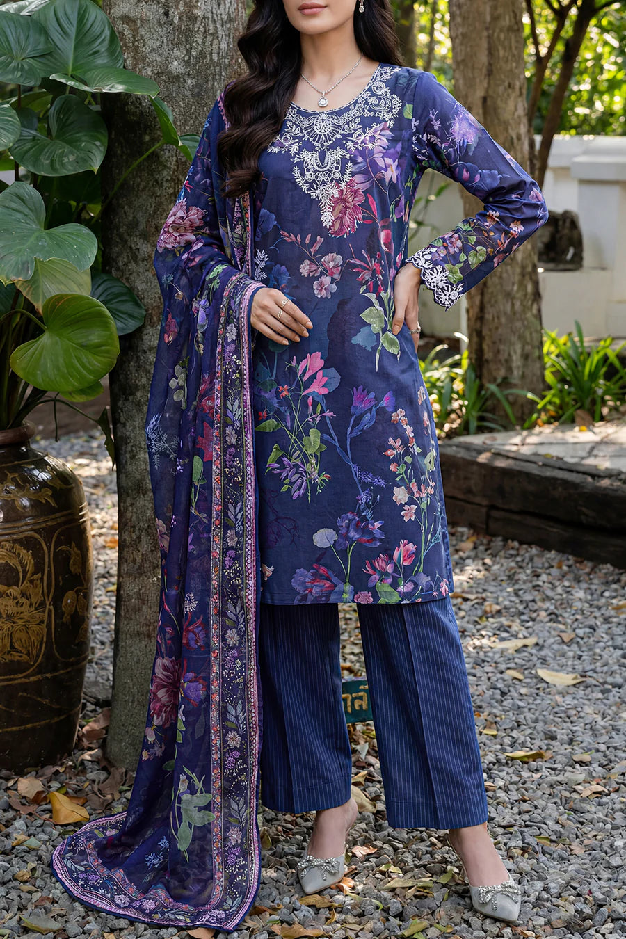 Unstitched Printed Embroidered Strip Lawn 3 Piece With Chiffon Dupatta