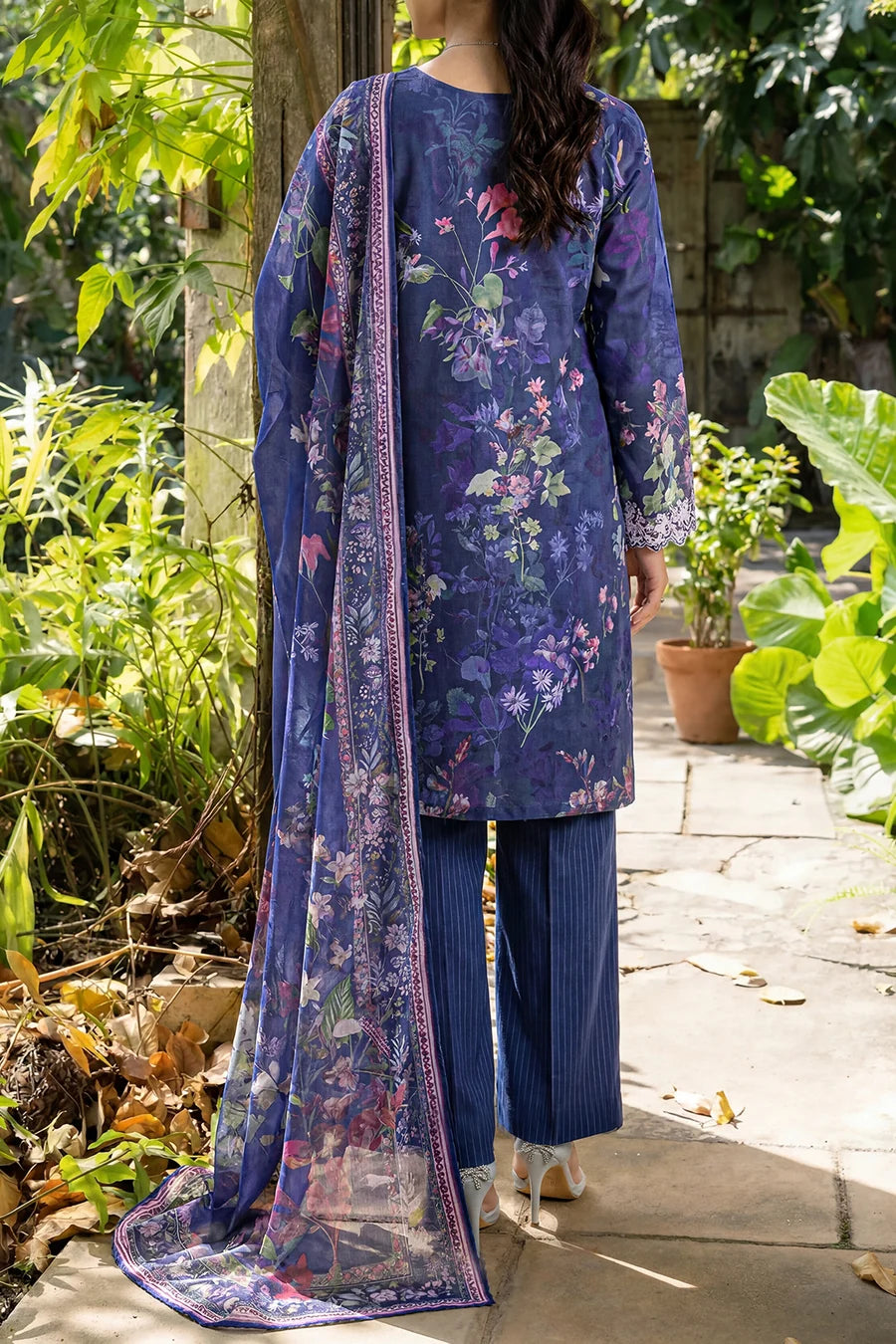 Unstitched Printed Embroidered Strip Lawn 3 Piece With Chiffon Dupatta
